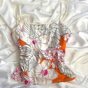 Sunset Cove Tropical Floral Camisole Tank Top Orange Pink Monstera Hibiscus M